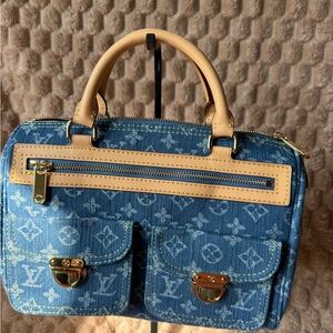 Louis Vuitton Blue Denim Handbag with Yellow Interior
